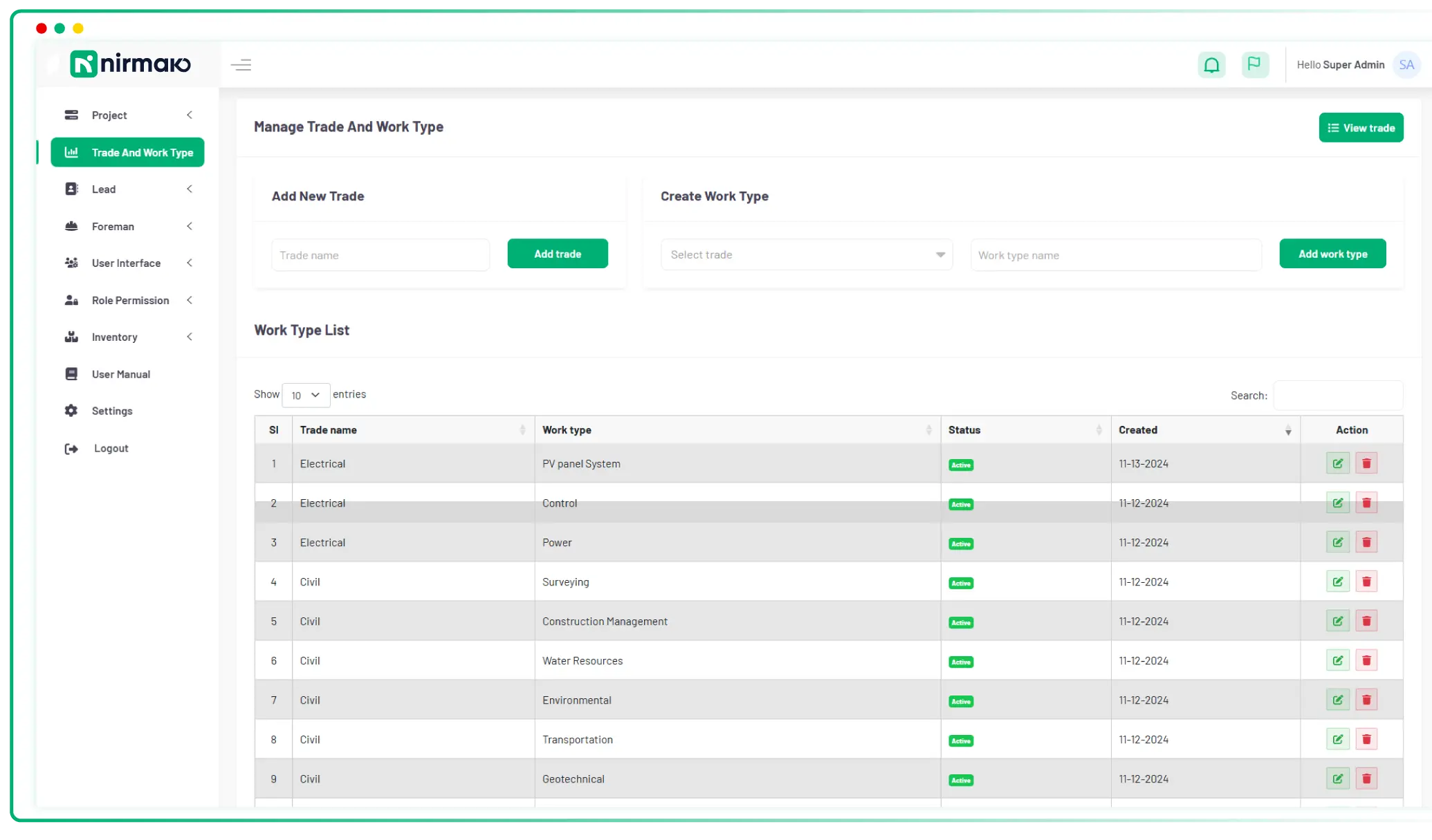 Manage Trade and Work Type